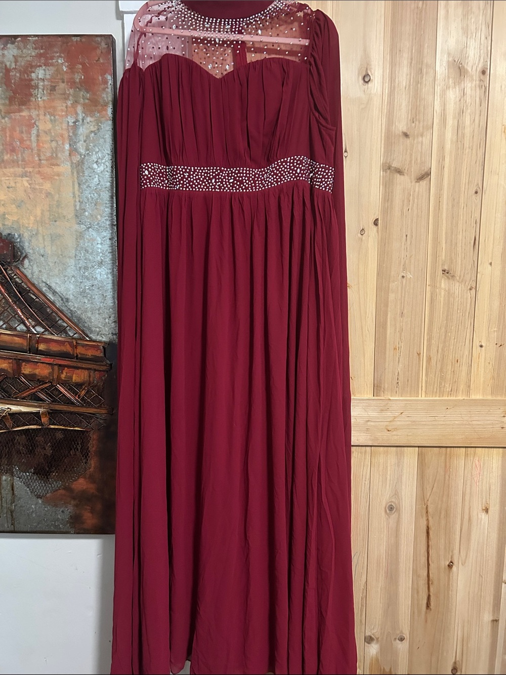 Cape Sleeve Elegant Detailed Burgundy Evening Gown with Rhinestone Accents